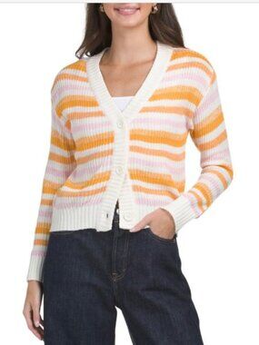 NWT NIKKA K Striped Multi Color Ribbed Collar V-Neck Button Front Cardigan